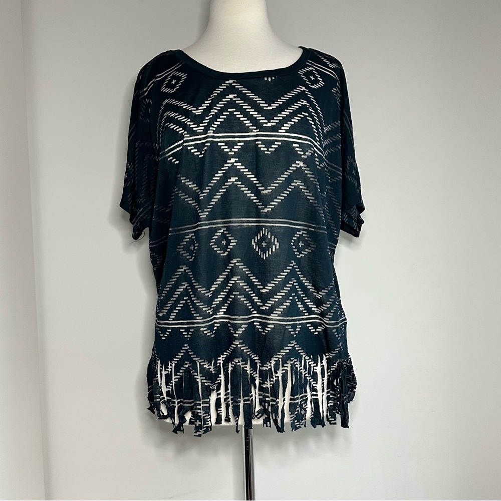 Vintage Fringed Geometric Print Tee - Black Made In USA ML